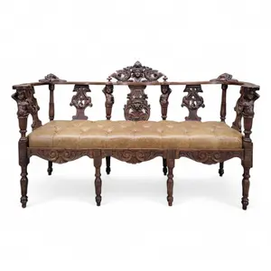 Antique Italian Renaissance Revival Ornate Figural Tufted Parlor Bench Newly Reupholstered in Leather
