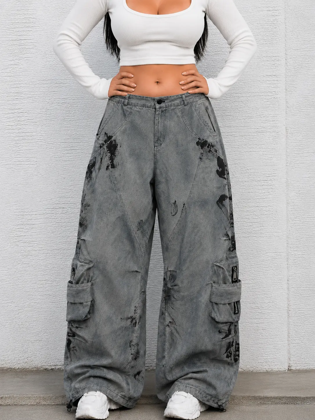 Flooo Tie Dye Graffiti Wide Leg Cargo Pants Women's Streetwear Joggers with Elastic Waist & Drawstring Hem