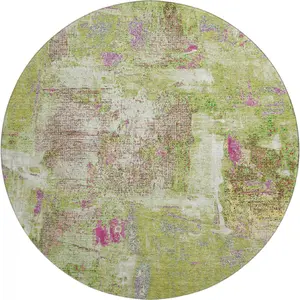 HomeRoots 678008 8 ft. Lime Green, Pink & Yellow Abstract Washable Round Area Rug with UV Protection - Bright, Circle, Dual-Colored, Full-Sized, Kids-Safe Carpet, Bright Area Rugs, Circle Area Rugs