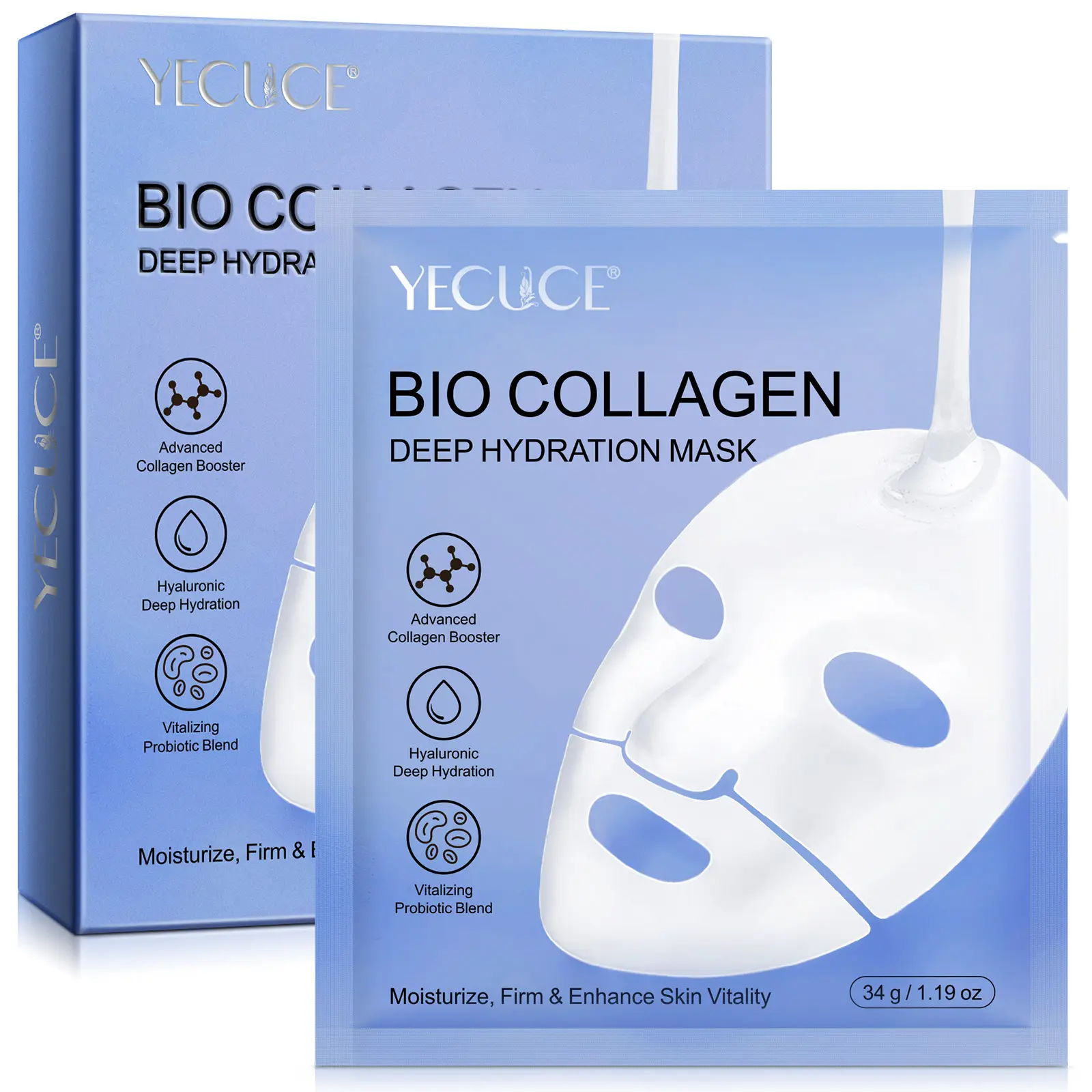 YECUCE Collagen Facial Mask Sheet Moisturizer - Overnight Hydration, Pore Minimizing, Skin Repair for Sensitive Skin (6PCS Multi-Pack)