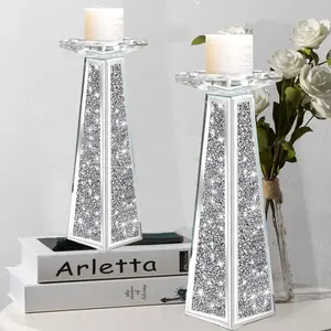 Pack of 2 Crystal Diamond Table Lamp, Silver Mirror Candle Table Lamp, Columnar Glass Candlestick Lamp, suitable for home decor such as living room, dining room and bedroom, 12-inch polished port
