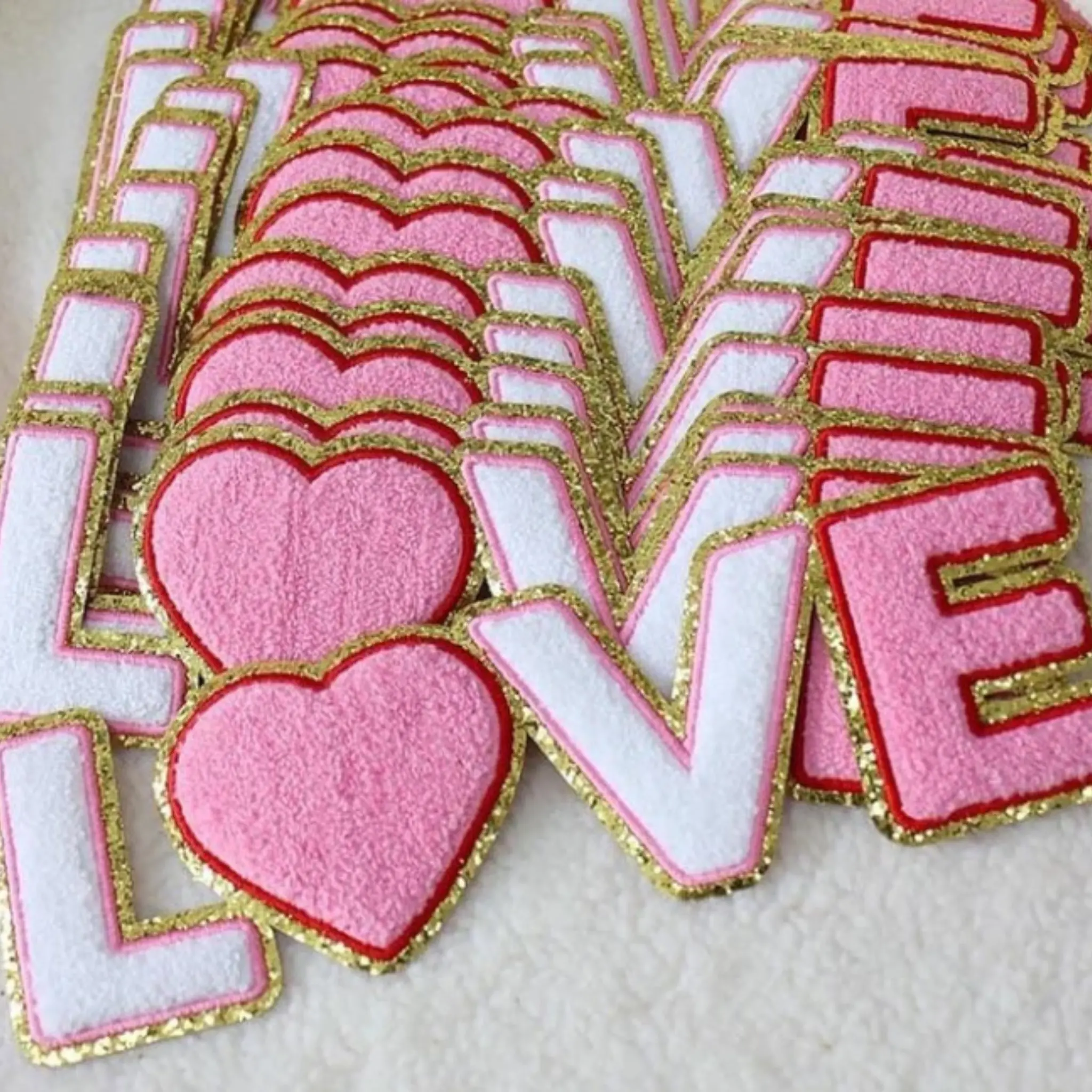 10 3/4 inch - LOVE Chenille Patch Pink, White, Gold 10 3/4 inch - LOVE Chenille Patch Pink, White, Gold