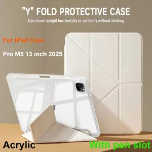 For IPad Pro M5 11" 13" 2025 M4 Air M3 M2 A16 10th 10.9" Case HD Clear Acrylic PU Y Folding Stand Smart Cover with Pencil Holder