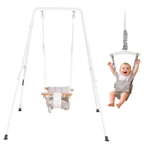 fathersdaygift VEVOR Toddler Swing and Jumper, 2 in 1 Swing Set and Bouncer, Soft Cushion with Foldable A-Frame Metal Stand, Heavy-Duty Thick Ropes, Easy to Install and Store, for Indoor or Outdoor Play, Gray