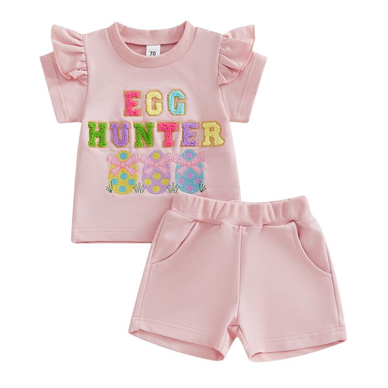 Toddler Baby Girl Easter Outfits Letter Embroidery Crew Neck Short Sleeve T-Shirt with Shorts 2 Pcs Set for Spring& Summer
