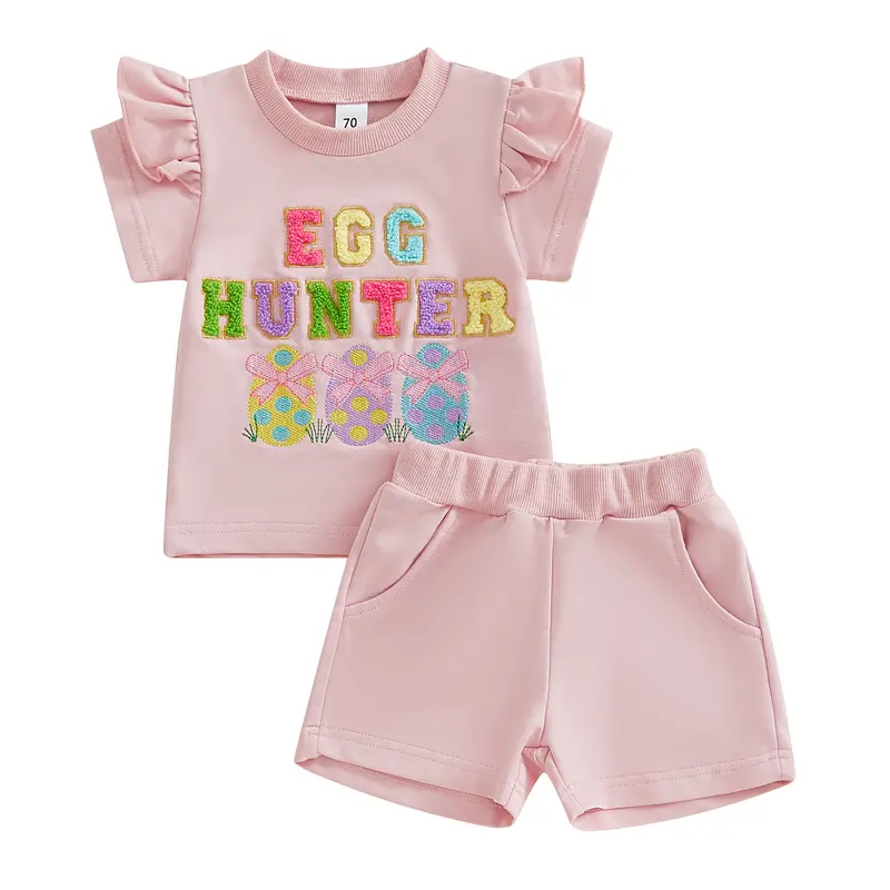 Toddler Baby Girl Easter Outfits Letter Embroidery Crew Neck Short Sleeve T-Shirt with Shorts 2 Pcs Set for Spring& Summer