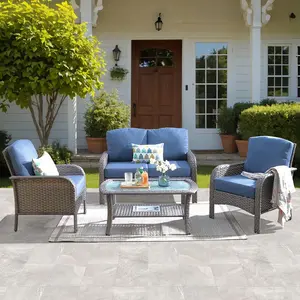 【Summer Vibes】Ovios 4-Piece Patio Furniture Set, Outdoor Wicker Sofa with Chairs Coffee Table, High Back Rattan Couch Loveseat with Comfy Cushions for Porch Yard Deck, Denim Blue outdoorfun