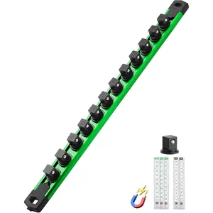 Magnetic Socket Organizer Set, 1/2-Inch Drive Heavy Duty Aluminum Socket Rail Organizer, 360° Swivel Clips Socket Holder Kit for Toolbox Drawer Fit 1/2-Inch x 12 Clips (Green, 1PC)