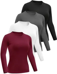 Women's  Long Sleeve Basic Shirts Crew Neck Slim Fitted Compression Gym Workout Athletic Undershirts in Black White Gray & Red