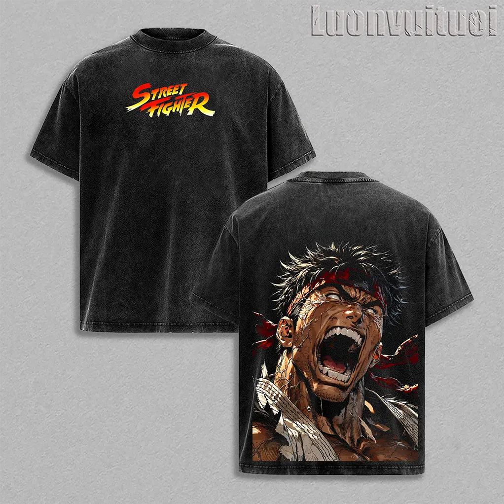 Ryu New 2026 Street Fighter Double Printed Oversize Lightweight Acid Washed Tee Game Graphic T-Shirt for Men Casual Day Wear Cotton Fabric - Jeans Vintage Gaming Retro Black Tee Oversized Heavyweight Cotton T-Shirts Menswear Top