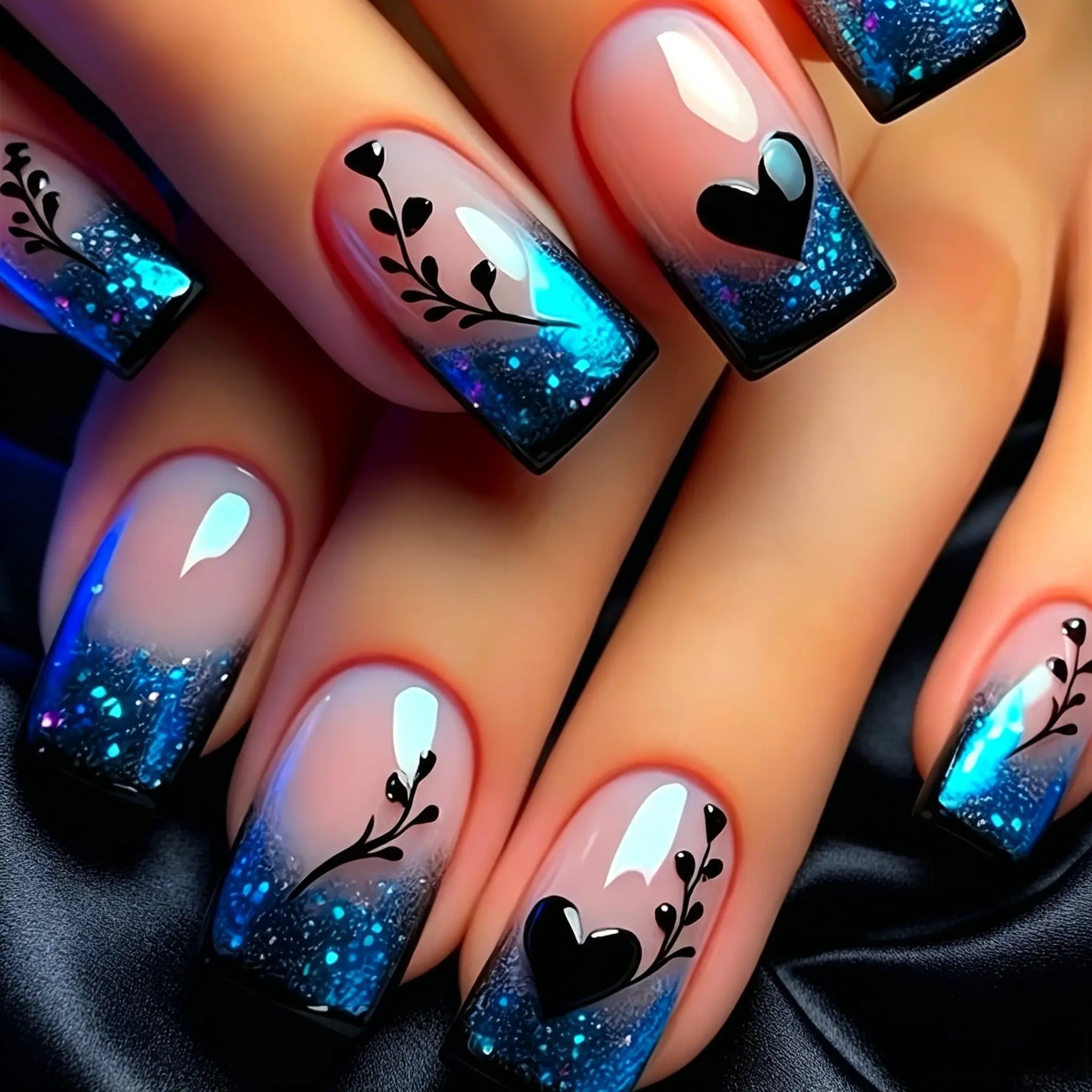 Long Square Blue Glitter Ombre Press on Nails, Glitter Shiny, Tiktok Viral Soft Gel Fake Nails, Salon Quality Reusable Glue on Nails for Women