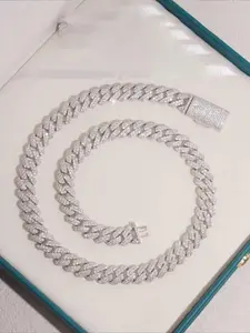 Ice Crystal 14mm Pass Diamond Tester Hip Hop Style 2 Rows Solid 925 Silver Silica Cuban Chain Fine Jewelry Ice Silica Cuban Chain, Easter Thanksgiving Gifts Unisex Gifts Cuban Link Chain