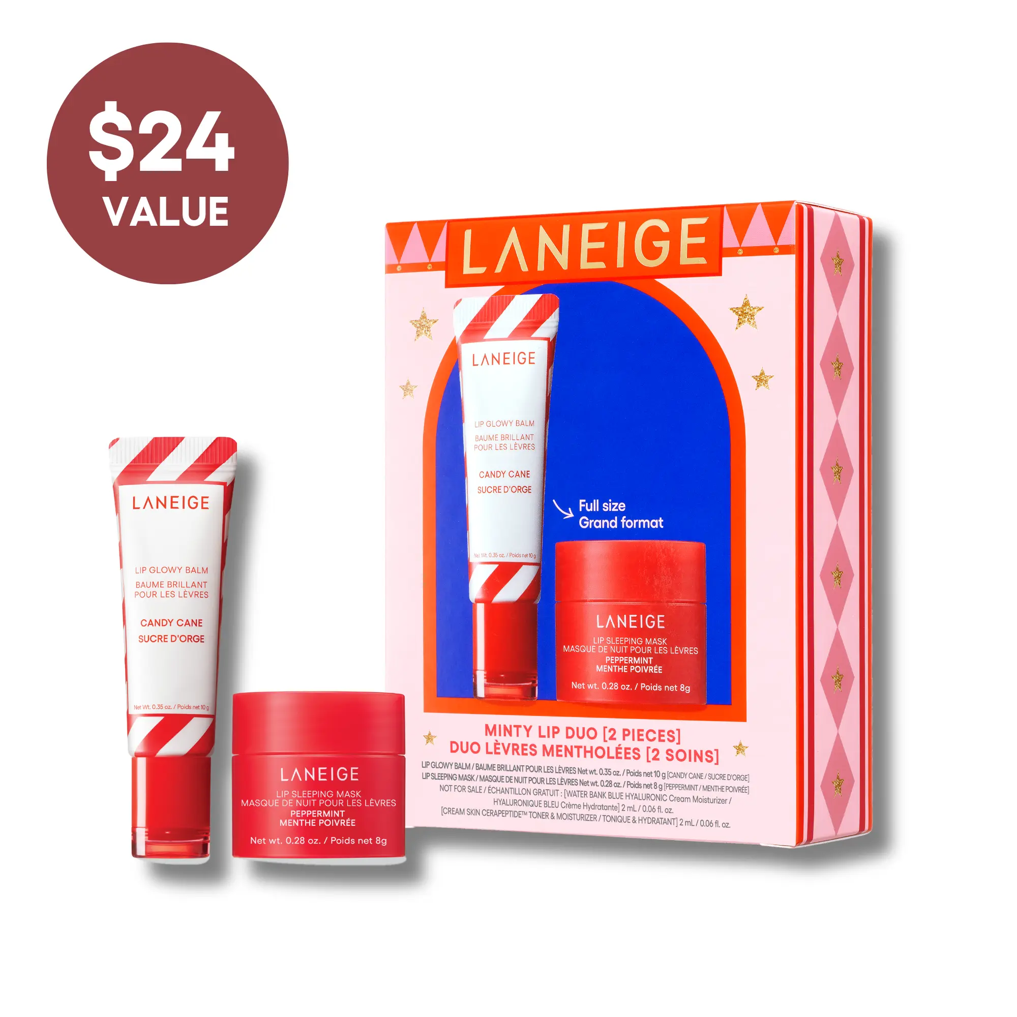 Laneige Minty Lip Duo, Candy Cane Lip Glowy Balm, Peppermint Lip Sleeping Mask, Hydrating Gift Set