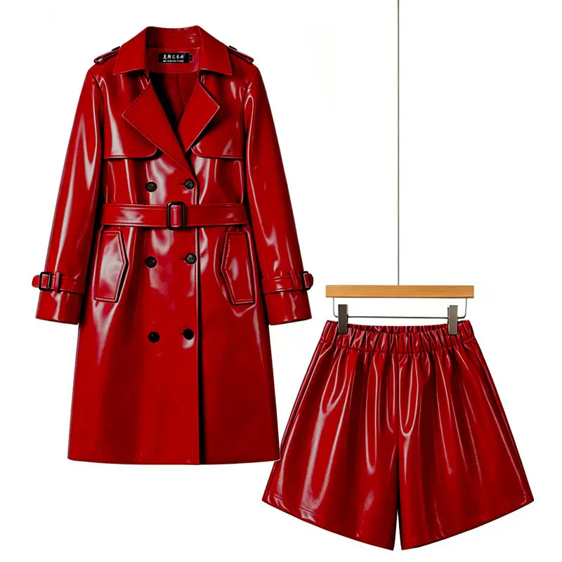 Women’s PU Faux Leather Trench Coat and Bermuda Shorts Two Piece Set, Retro Oversized Longline Moto Jacket with Matching Knee Length Shorts, Chic Fall Streetwear Outfit for Going Out, Date Night and Casual Wear S-3XL