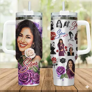 Selena Inspired 40oz 30oz Tumbler With Handle & Straw – Selena Tribute Floral Roses Design – Gift for Selena Fans – Stainless Steel Insulated Cup
