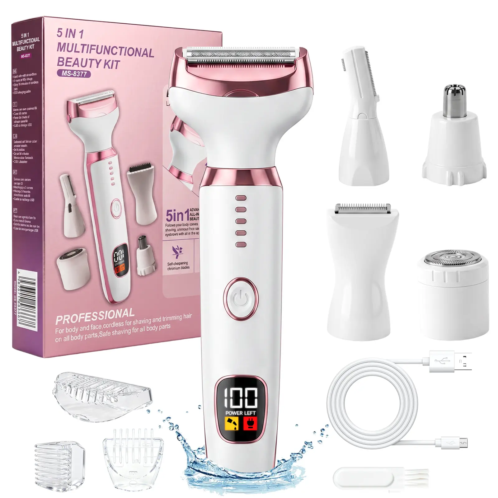 5‑in‑1 Women Multifunctional Electric Grooming Kit, LED Digital Display USB Rechargeable, Waterproof Hair Remover for Eyebrow Nose Face Legs Armpits Bikini