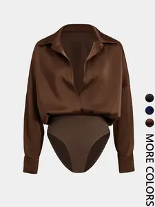 Women's V-Neck Long Sleeve Casual Fitted Commuter Fashion Shirt Jumpsuit, Stylish One-Piece for Daily Wear, Comfortable and Trendy Design Valentine's Day Womenswear