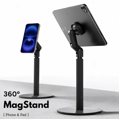 360 MagStand Adjustable Phone Mount Magnetic Desk Mount Portable Universal Tablet Holder Sturdy Aluminum Alloy Base Strong Magnet Suction Stable Mount for Vlog Live Broadcast Diy Perfect for Filming or Cellphone Table Streaming or WFH