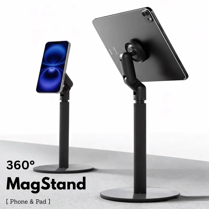 360 MagStand Adjustable Phone Mount Magnetic Desk Mount Portable Universal Tablet Holder Sturdy Aluminum Alloy Base Strong Magnet Suction Stable Mount for Vlog Live Broadcast Diy Perfect for Filming or Cellphone Table Streaming or WFH