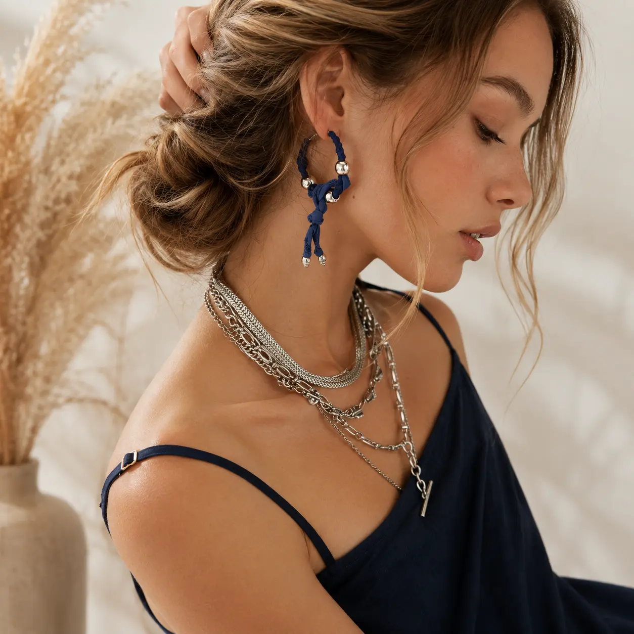 Women's Fabric Bead Large Hoop Earrings - Fashion Textile Wrap, Dangly Knot Detail, Import Metal Coating Artistic Statement Costume Jewelry Accessories