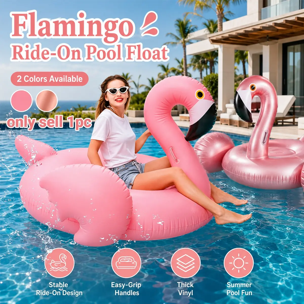 Giant Inflatable Flamingo Pool Float, Pink Tropical Style, Adult Ride-On Swimming Lounger with Balanced Handle Support, PVC Water Floatie, Pool Floaties for Summer Pool Party, Beach Travel, Sunbathing, Resort Vacation and Outdoor Water Fun