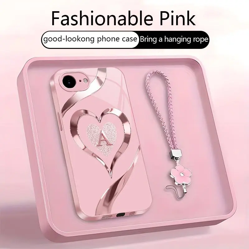 Suitable for [iPhone 16e ] Personalized A-Z Initial Rose Gold Heart Monogram Phone Case | Metallic Painted Glass Protective Cover with Pink Petal Wrist Strap | Shockproof Drop Protection, Anti-Scratch & Anti-Fingerprint -JS996