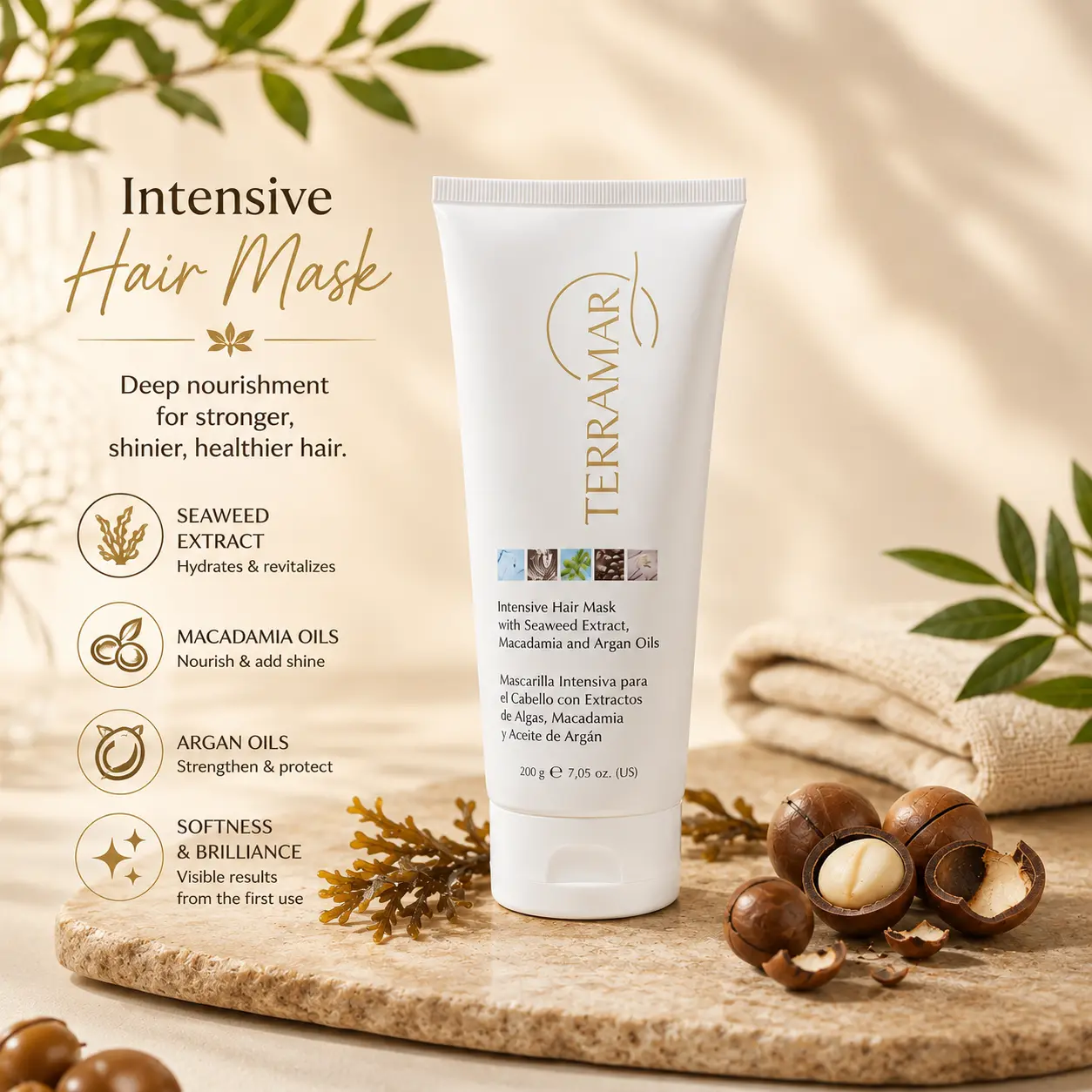 Terramar Intensive Hair Mask with Macadamia, Seaweed and Argan Oils Blend - Hydrating Deep Conditioning Leave-On Smoothing Treatment, Reduces Frizz, Restores Silky Lightweight Texture for All Hair Types, 7.05 oz (200G) - Beauty & Personal Care