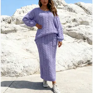 Women's Solid Cable Knit Two-Piece Set - Long Sleeve Round Neck Jumper Sweater & Pocket Long Skirt, Daily Wear Outfits