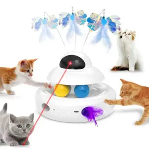 4-in-1 Interactive Cat Toy| Laser, Butterfly, Track & Hide-and-Seek| USB Rechargeable with 5 Extra Feathers & Ambient Light