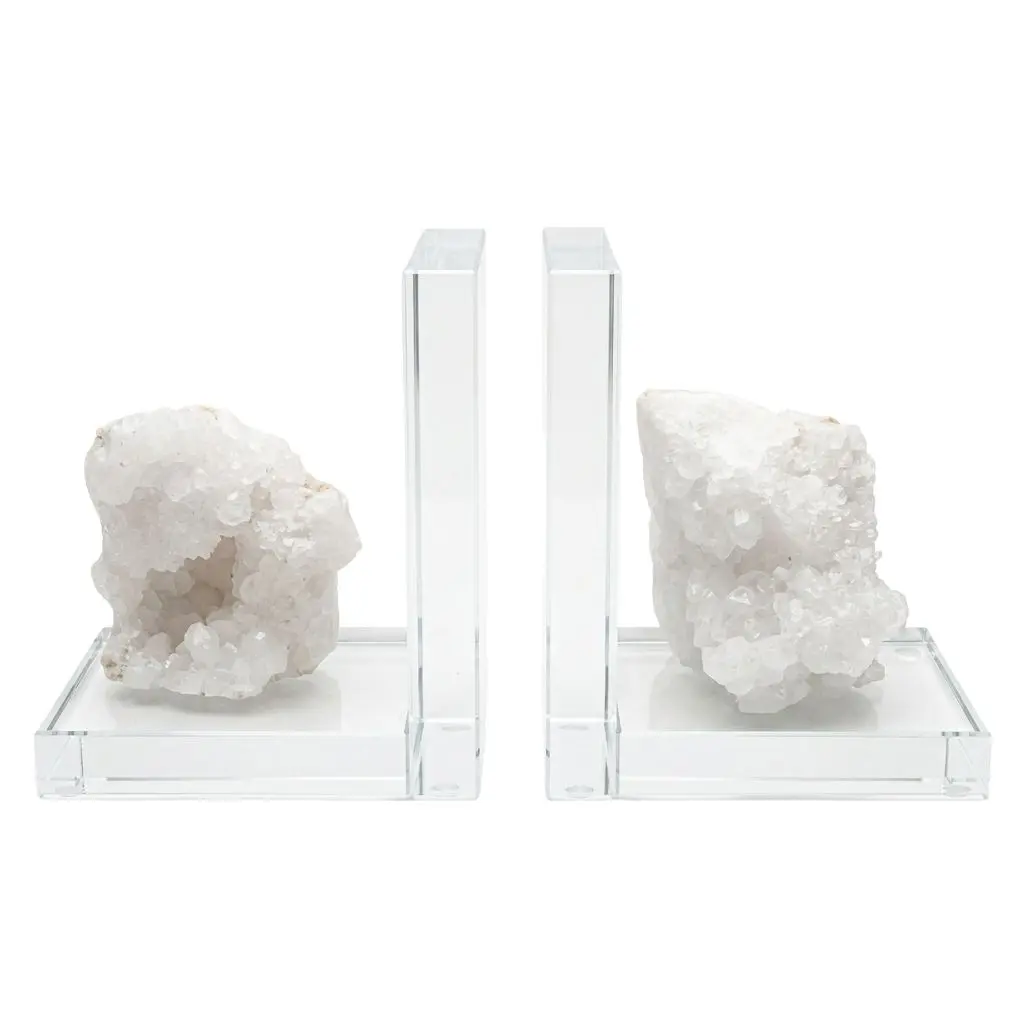 Quartz Bookends — Set of 2 Clear Crystal Slab Shelf Display