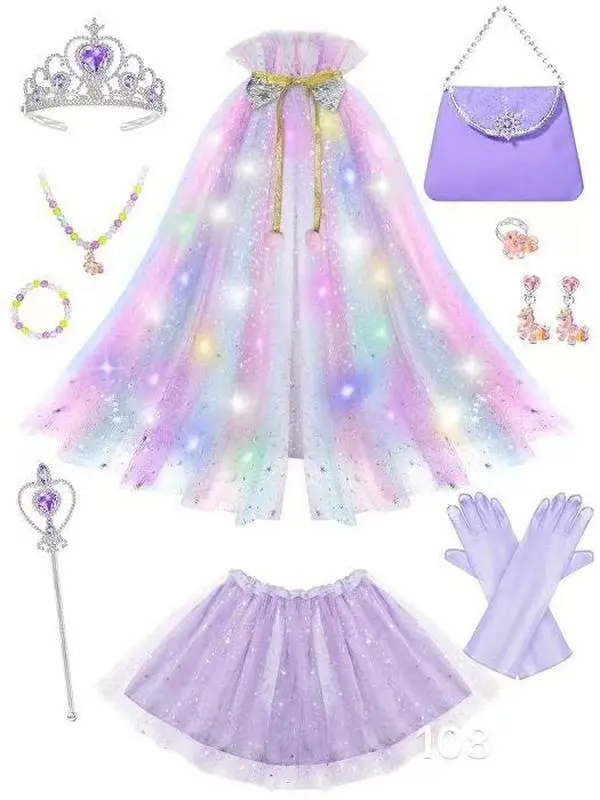 Women's Light Up Princess Cape Set - Sparkly Hooded Cloak, Tulle Skirt, and Elegant Accessories
