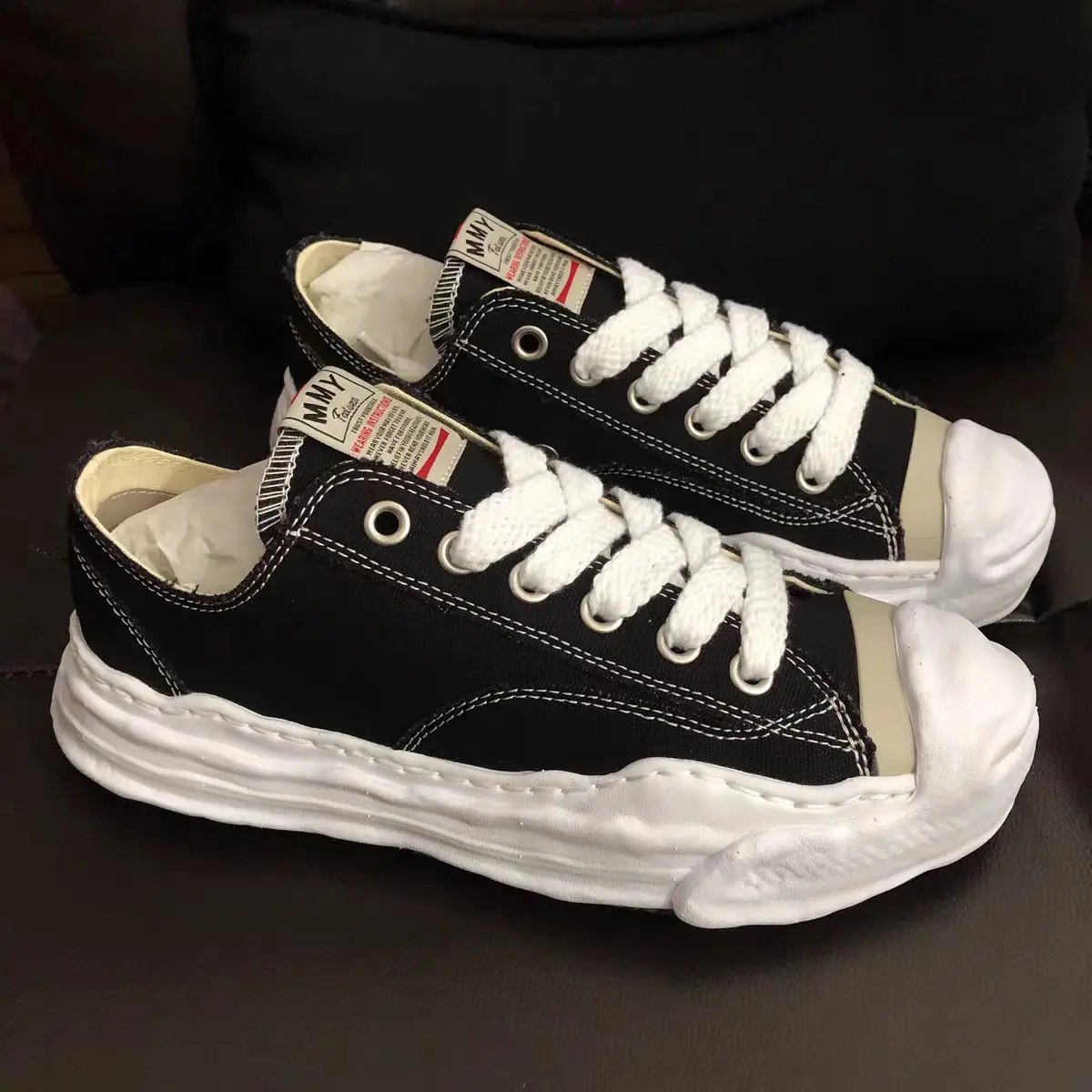 Maison Mihara Yasuhiro Low Top Black Canvas Shoes with White Laces and Sole