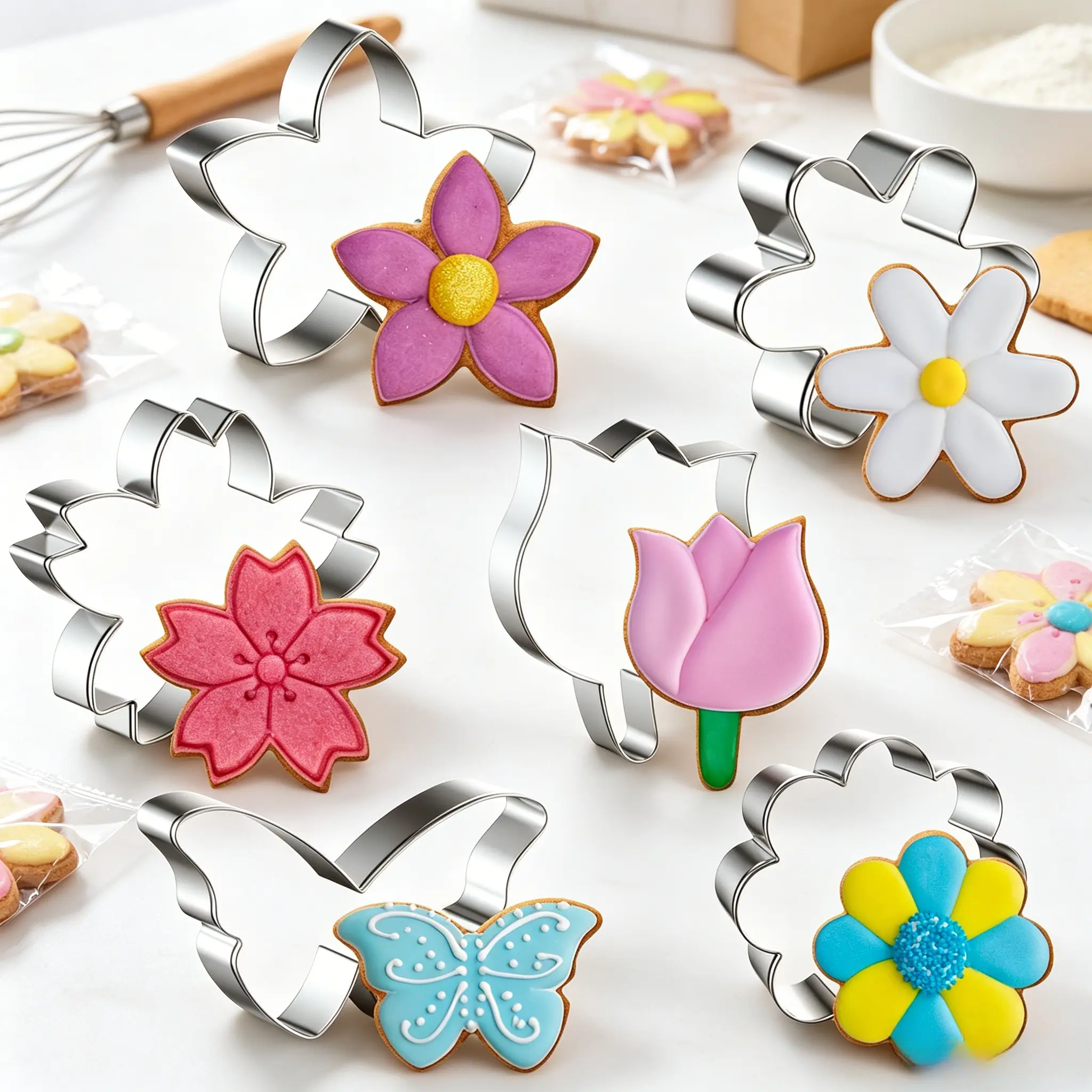 6PCS Flower Cookie Cutter Set, 3 Inch Stainless Steel Flower Shaped Cutters – Daisy, Tulip, Butterfly & 3 Flower Designs, Baking Supplies for Homemade Cookies, Birthday Party, DIY Crafts (Rustproof)