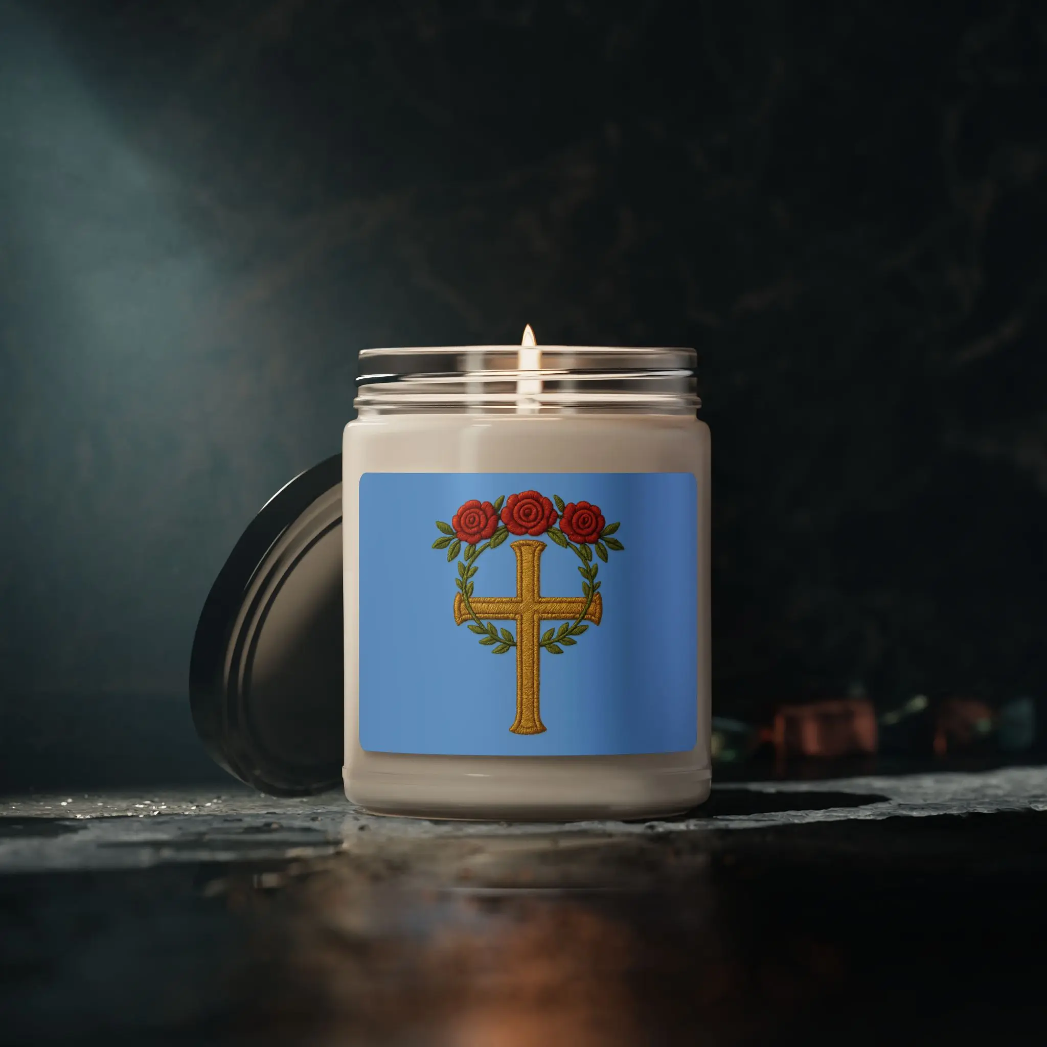 Embroidered Cross with Rose Wreath | 9oz Soy Candle | Easter Scents
