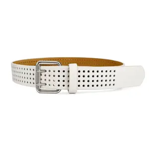 Unisex White Perforated Belt Silver Buckle Adjustable Hole Pattern Casual Belt