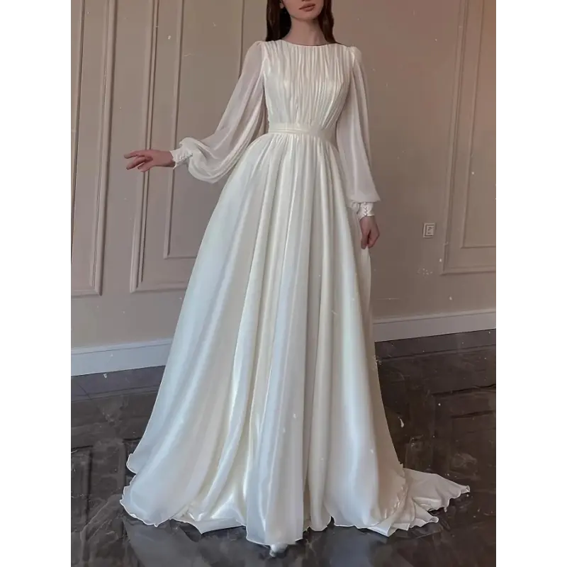 Women's French Court Style Elegant Double Layer Chiffon Princess Dress -  Long Formal Polyester Fabric Gown with