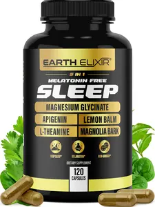 Earth Elixir 5-in-1 Melatonin Free Sleep Aid – Magnesium Glycinate, Apigenin Supplement for Sleep, L-Theanine, Lemon Balm Capsules, Magnolia Bark Extract Capsules – Sleep Supplement Without Melaton