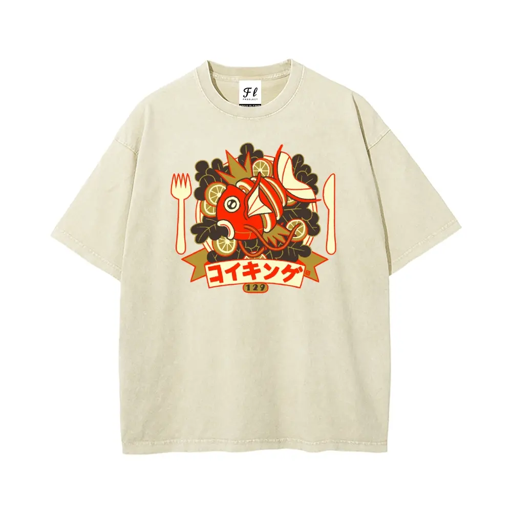 Vintage Wash Anime Graphic T-shirt with Magikarp Print, Soft Cotton Unisex Streetwear Top, Oversized Loose Fit