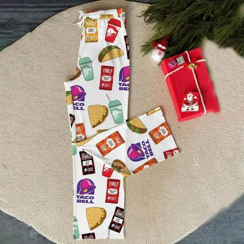 Food Lover Pajama Pants, Taco Pattern Sleep Pants, Funny Unisex Lounge Wear, Birthday Holiday Gift
