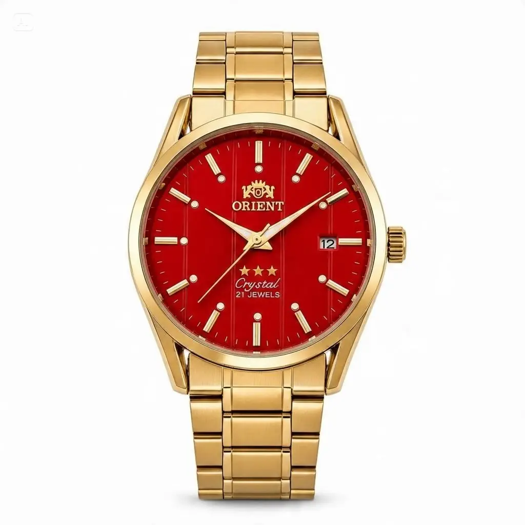 Double Lion Men's Automatic Mechanical Watch - 21-Jewel Movement, Gold Stainless Steel Bracelet, Red Dial, Luminous Sword-Shaped Hands, Date Display, Business Dress Wristwatch, Battery-Free Gift for Men