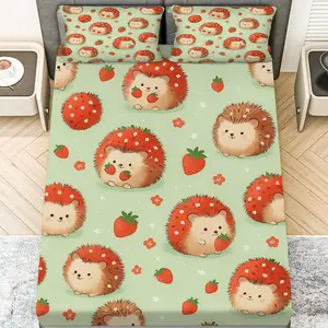 3Pcs Cute Hedgehog Strawberry  Fitted Sheet Three Piece Set (1*Fitted Sheet+2*Pillowcases, Coreless), Fun theme,  Room Keywords, Bedding Set, Mattress protector Soft, Breathable, Bed Sheets