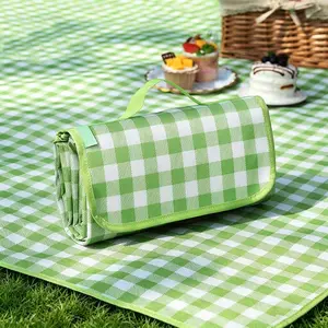 Portable Non-Woven Outdoor Picnic Mat, Picnic Blanket – Green & White Checkered, Foldable with Carry Handle & Strong Velcro Closure, Waterproof & Moisture-Proof, Easy to Clean