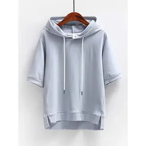 Light Blue Women's Casual Summer Hoodie - Chic Short Sleeve Pullover with High-Low Hem, Drawstring Hood, and Side Slit - Soft Polyester Blend, Machine Washable, A-Line Cut, Sweater Hoodie