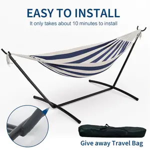 [FLASH SALE] Garvee 450 Lbs Black and White Double Hammock with Heavy Duty Space-Saving Steel Stand for 2 Person - Portable Indoor Outdoor Use, Includes Carry Bag - Perfect for Garden, Camping, Beach,Black & White , Ocean ,Blue & White