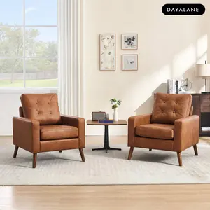 DAYALANE [Valentine's Day] Modern London Accent Chair Leather Armchair with Wood Legs Brown Upholstered 17.7" Tufted Backrest 9.8" Thick Cushion Compact Size Vegan Leather Sturdy Base - White