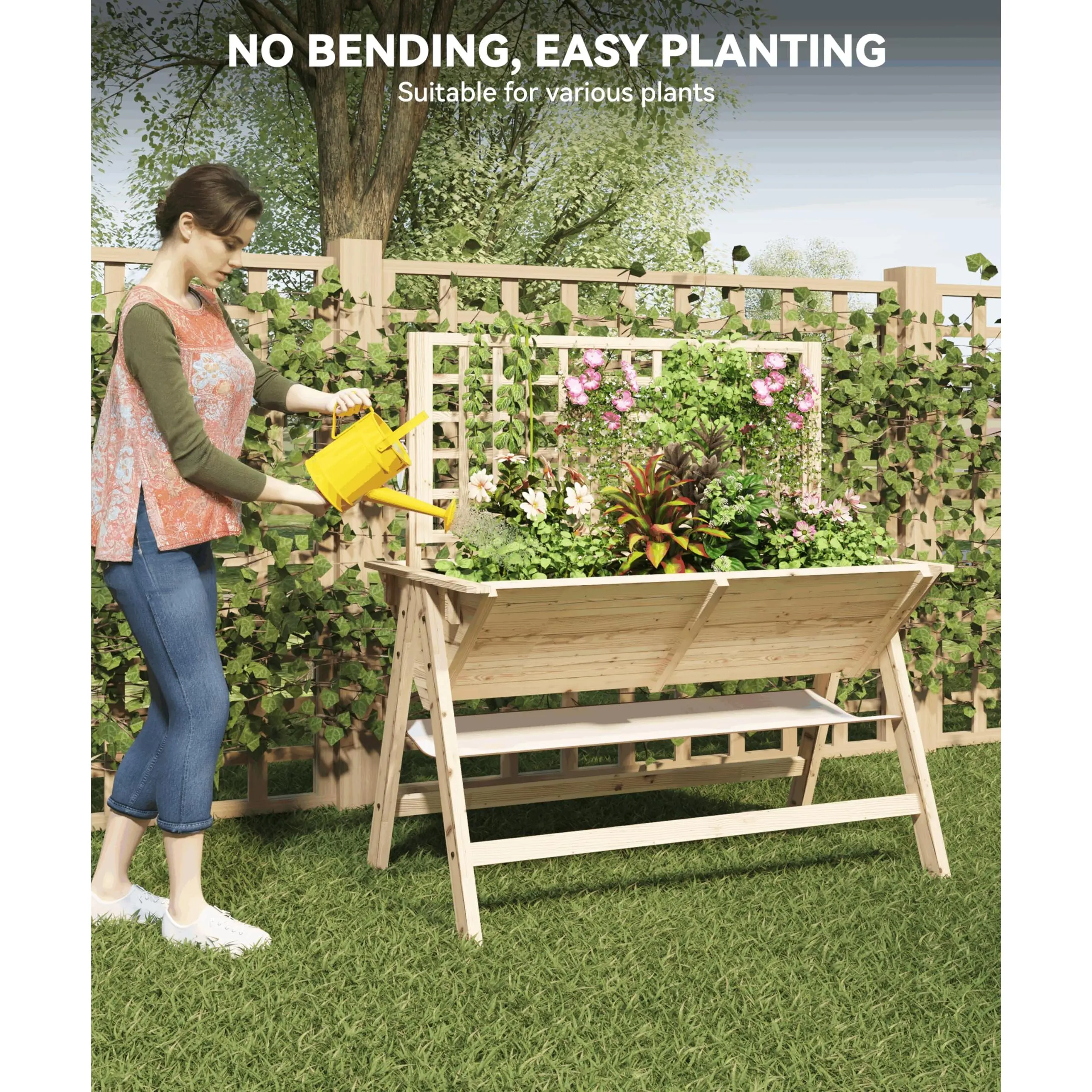 52x30x54 in Raised Garden Bed with Legs, Wooden Elevated Raised Garden Beds Outdoor for Growing Vegetables and Herbs, with Trellis for Vine Climbing Plants - Multi-Functional, Acorn Brown