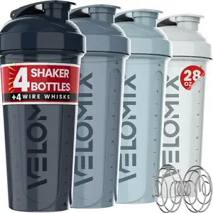 Velomix Protein Shaker Bottle Pack - 28 Oz, Leak Proof, Wire Whisk - 4 Pack for Protein Mixes, Aqua Depths, BPA-Free, Dishwasher Safe, Easy-Flip Lid