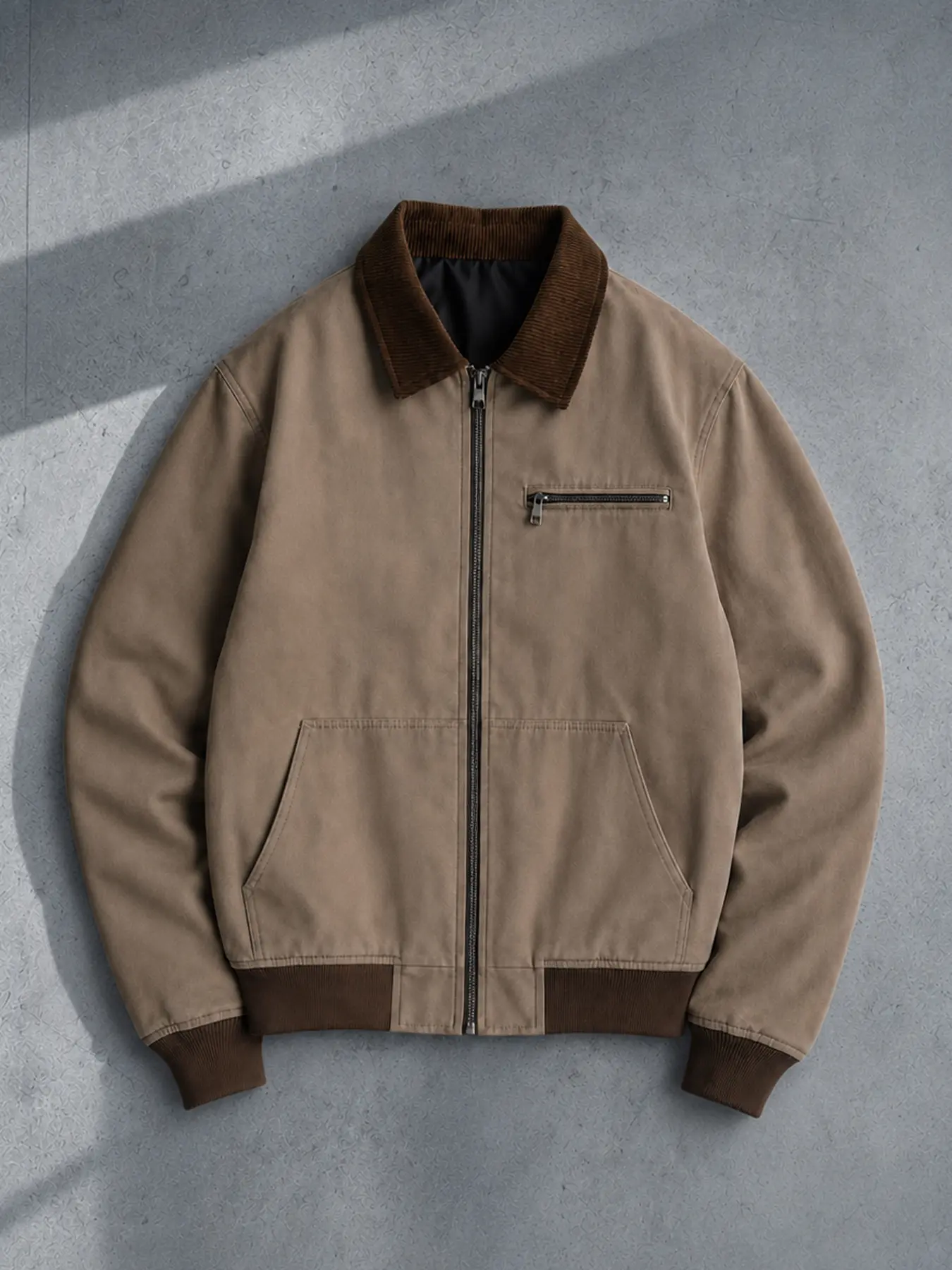 Men’s Corduroy Menswear Workwear Jacket - Collared, Full-Zip, Long Sleeve, Colorblock Casual Bomber Coat with Ribbed Cuffs, Chest Zipper Pocket, Side Pockets, Relaxed-Fit Lightweight Outerwear for Fall, Spring, Everyday Wear, Stylish