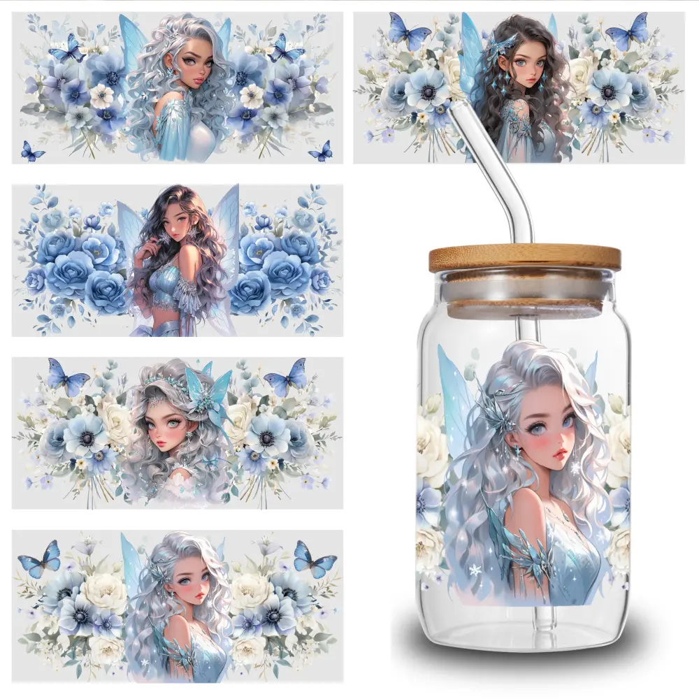 5 Sheets Fairy Floral UV DTF Aesthetic Stickers, Plastic Self-Adhesive Decorative Labels for 16 oz Tumbler Mug Decoration, Waterproof Transfer Decals with Side Eyes, Decorative Sticker
