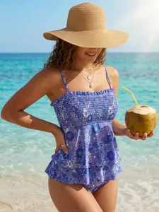 Vintage Floral Ruffle One-Piece Swimsuit | Blue & Purple Ditsy Print with Square Neck and Thin Straps | Double-Layer Peplum Skirt Design for Tummy-Control & Butt-Lifting | Perfect for Beach Photos & Summer Vibes